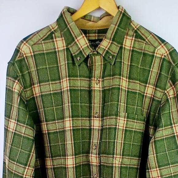 Eddie Bauer SZ XL Tall 100% Wool Plaid Work Shirt Genuine Leather Elbow Patches - Picture 4 of 7